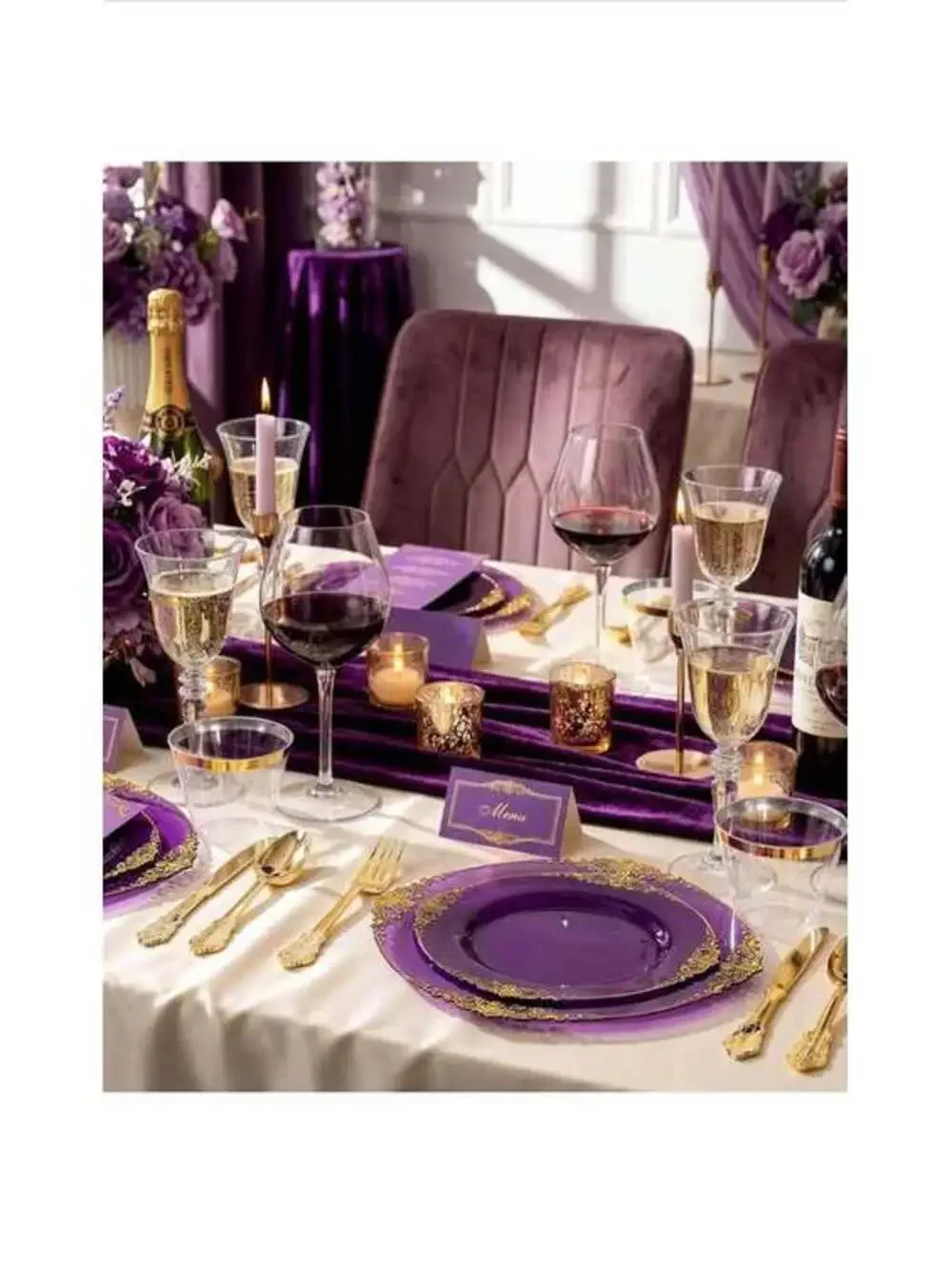 350 Pieces Purple/Gold Plastic Plates & Cutlery Set for 50 Guests - New in Box